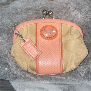 Coach Coral Pink and Beige Signature Kiss-Lock Coin Purse With Hangtag